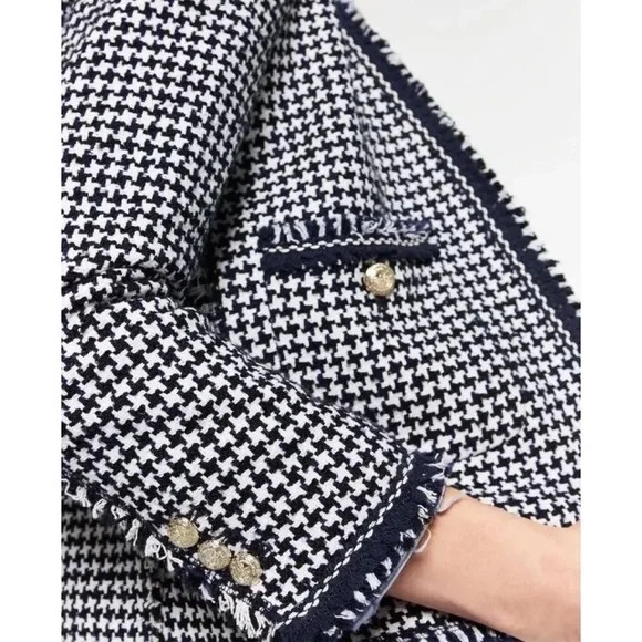 Zara NWOT black white & navy blue houndstooth textured tweed blazer jacket - Picture 9 of 9